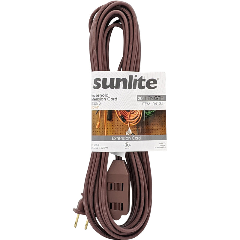 20-Foot Household Extension Cord, Three 2-Prong Polarized Sockets, Tamper Guards, Indoor Use, For Small Appliances, Brown - UL Listed (12 Pack)