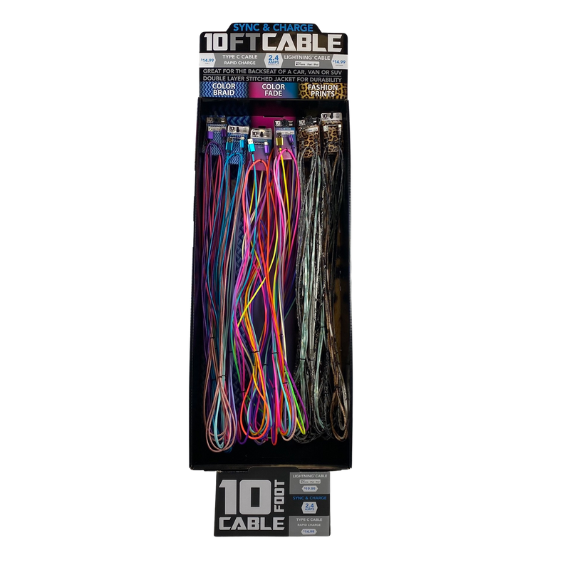 ITEM NUMBER 088385 10FT BRAIDED CABLE VARIETY FLOOR DISPLAY 36 PIECES PER DISPLAY